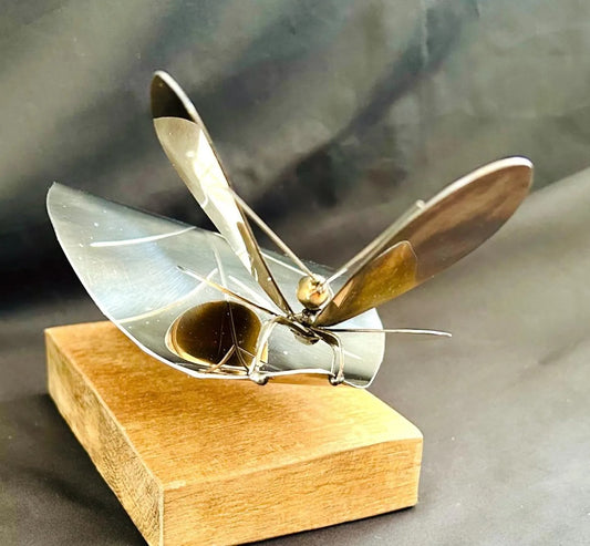 Handmade Stainless Steel Butterfly on Leaf Ornament | Wooden Base | Nature-Inspired Home Décor Gift