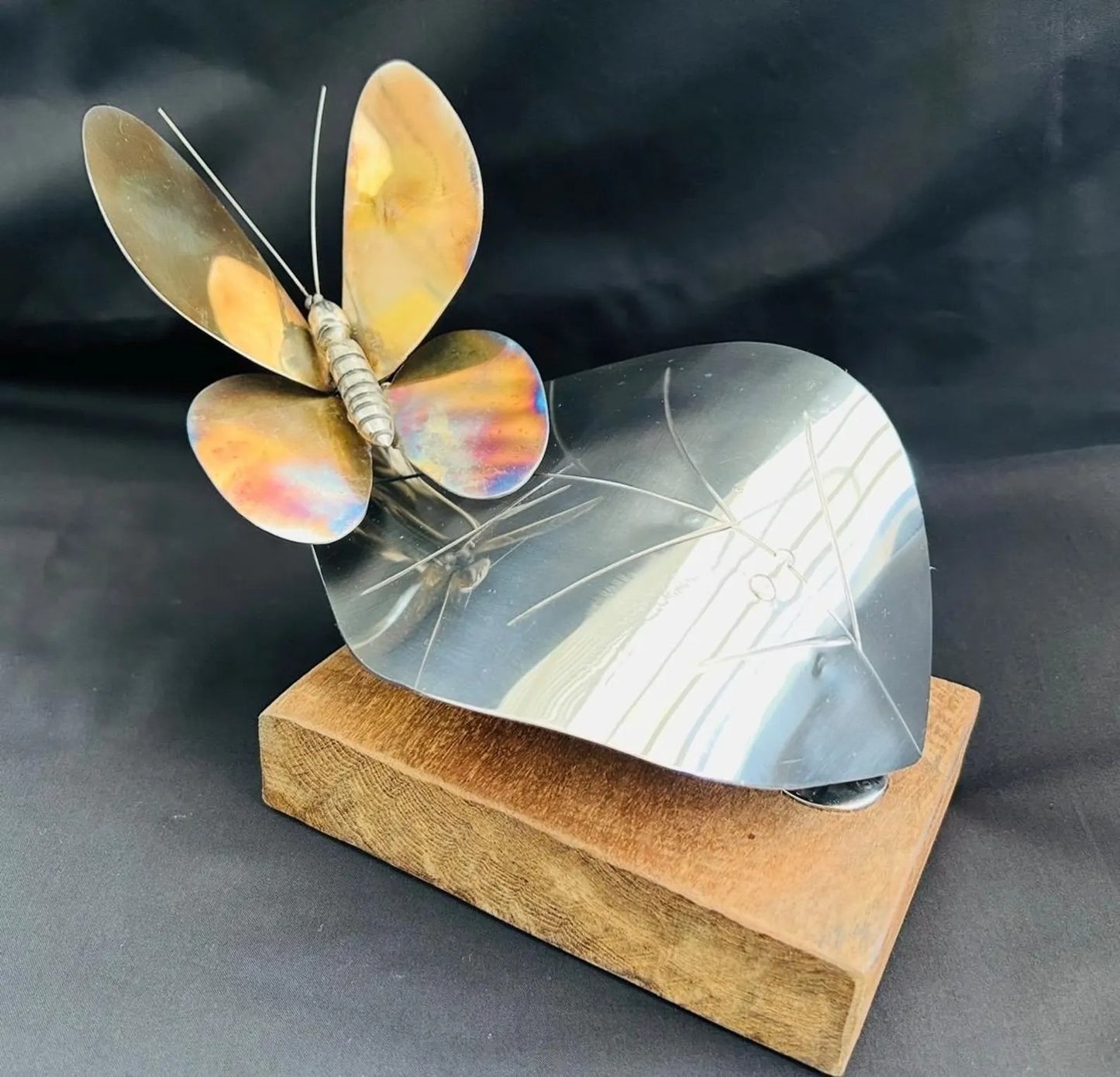 Handmade Stainless Steel Butterfly on Leaf Ornament | Wooden Base | Nature-Inspired Home Décor Gift
