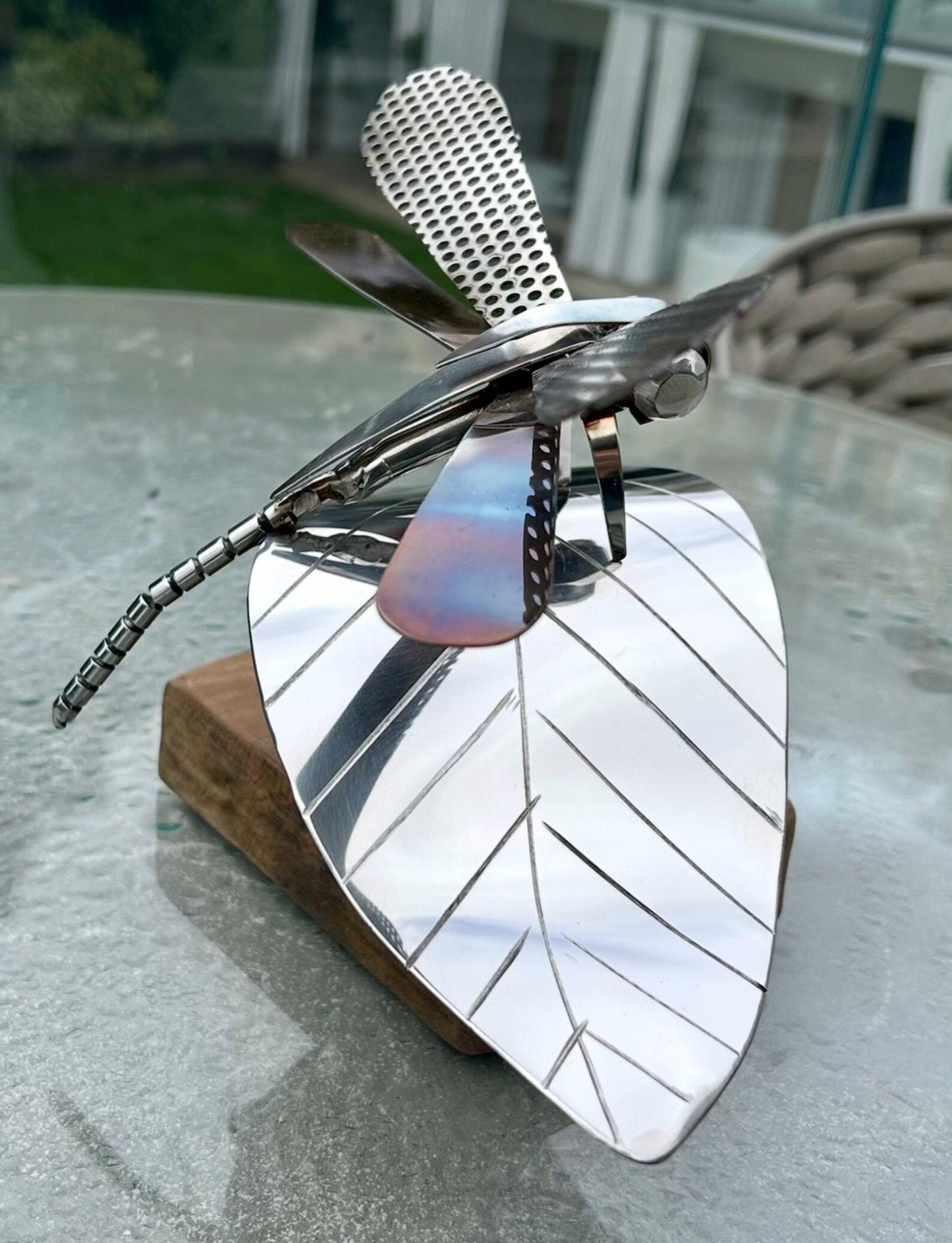 Handcrafted Stainless Steel Dragonfly Ornament on Wooden Base - Nature Inspired Decor