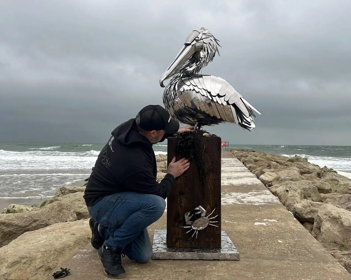 Large-Scale Handmade Stainless Steel Pelican Sculpture on Wooden Plinth