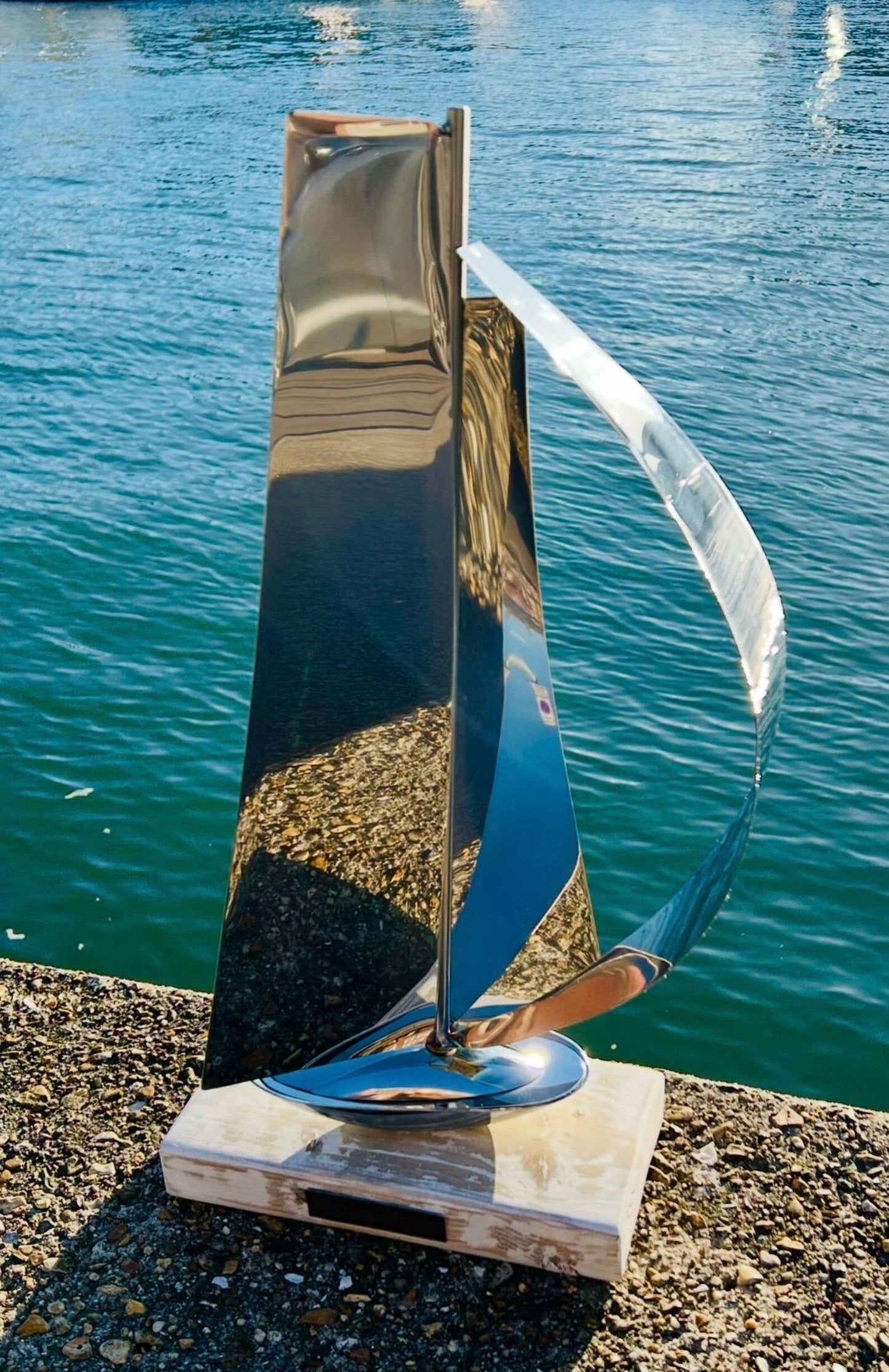 Metal Sailboat Sculpture | Handmade Stainless Steel & Driftwood Art