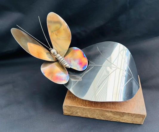 Handmade Stainless Steel Butterfly on Leaf Ornament | Wooden Base | Nature-Inspired Home Décor Gift