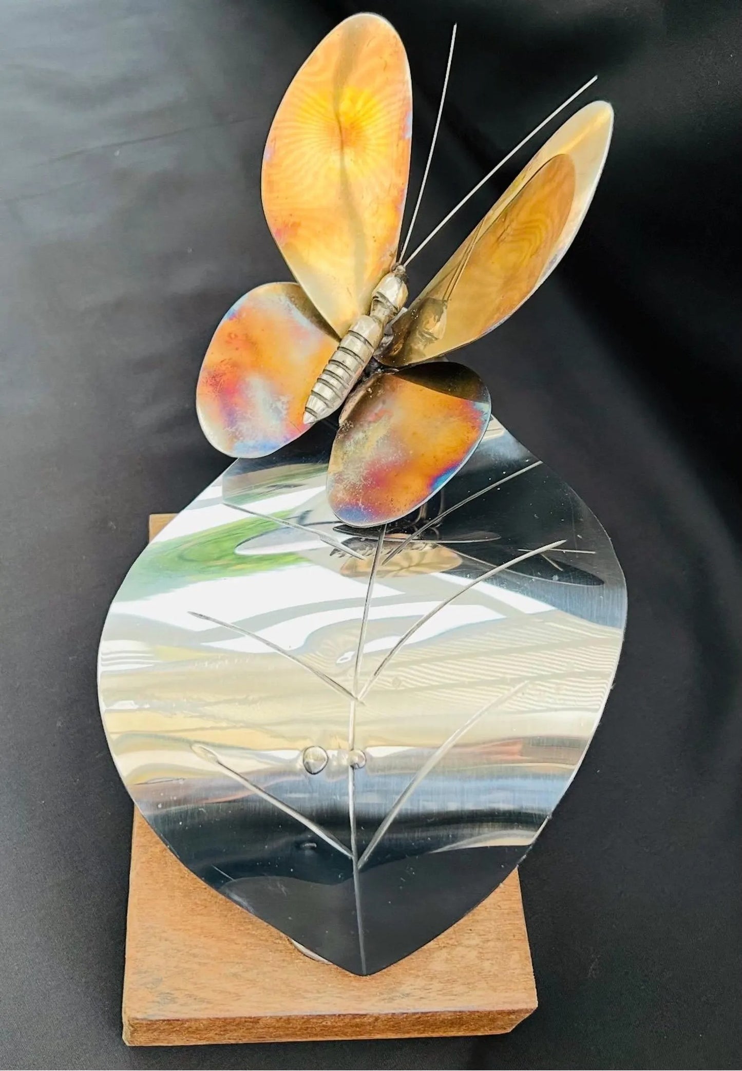 Handmade Stainless Steel Butterfly on Leaf Ornament | Wooden Base | Nature-Inspired Home Décor Gift