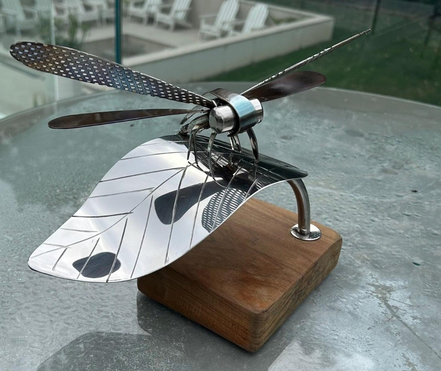 Handcrafted Stainless Steel Dragonfly Ornament on Wooden Base - Nature Inspired Decor