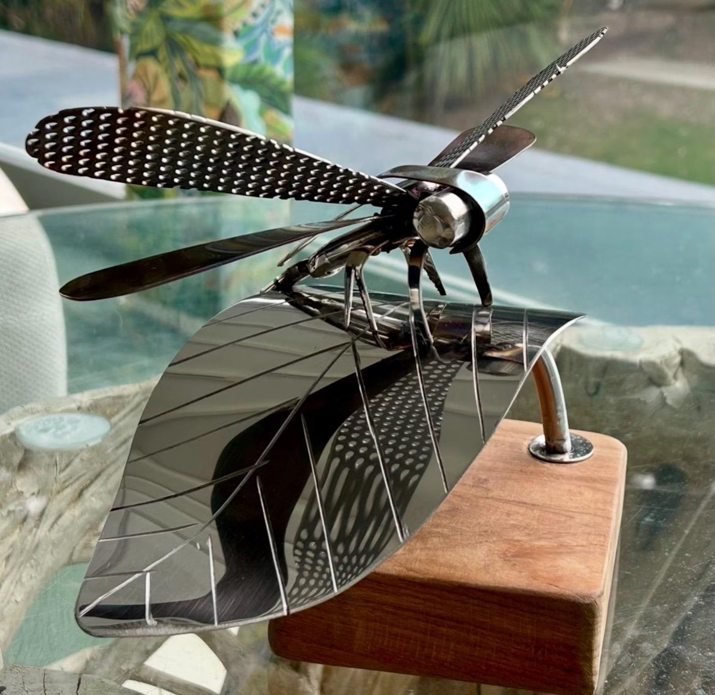 Handcrafted Stainless Steel Dragonfly Ornament on Wooden Base - Nature Inspired Decor