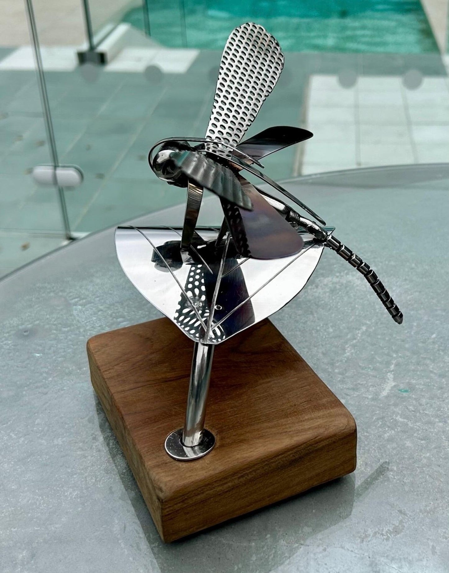 Handcrafted Stainless Steel Dragonfly Ornament on Wooden Base - Nature Inspired Decor