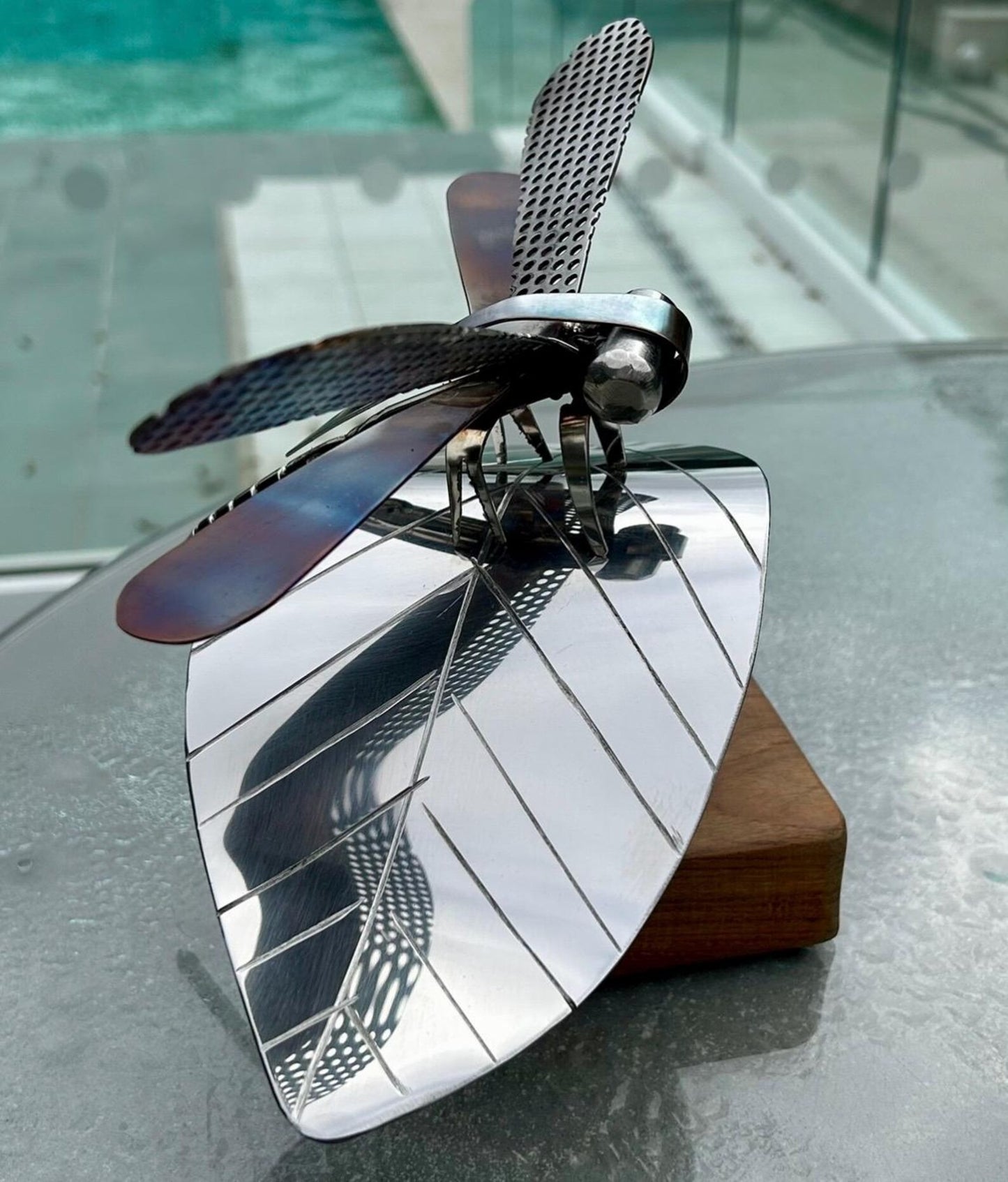 Handcrafted Stainless Steel Dragonfly Ornament on Wooden Base - Nature Inspired Decor