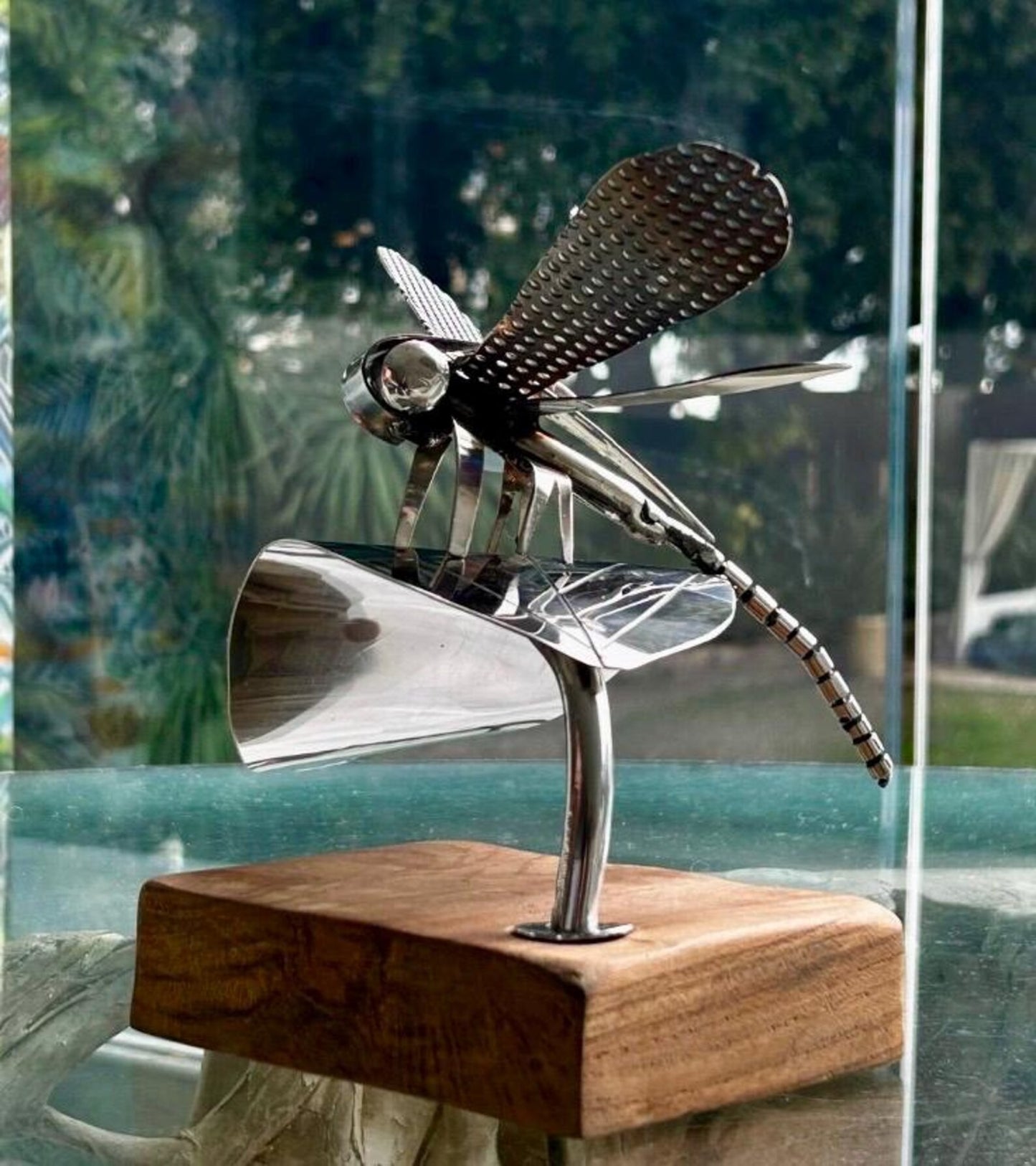 Handcrafted Stainless Steel Dragonfly Ornament on Wooden Base - Nature Inspired Decor