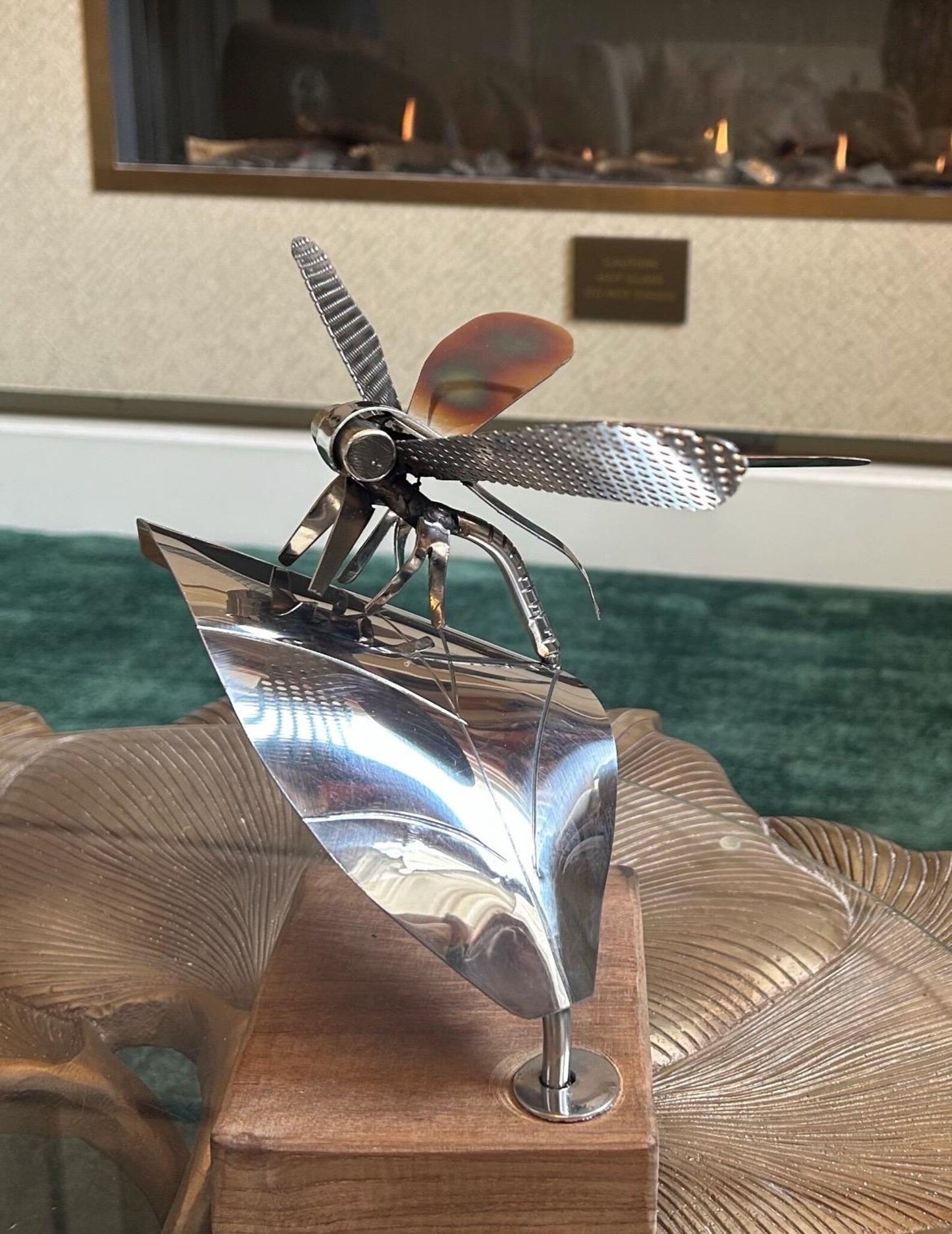 Handcrafted Stainless Steel Dragonfly Ornament on Wooden Base - Nature Inspired Decor