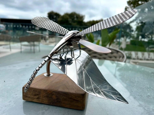 Handcrafted Stainless Steel Dragonfly Ornament on Wooden Base - Nature Inspired Decor