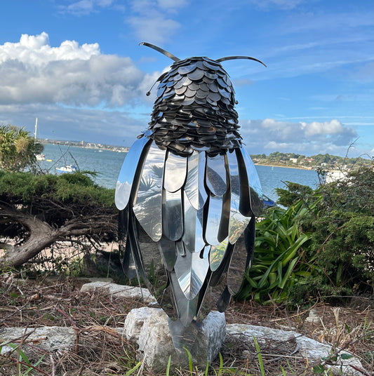 Stainless Steel Garden Owl Sculpture: Dorset Stone Base