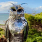 Stainless Steel Garden Owl Sculpture: Dorset Stone Base