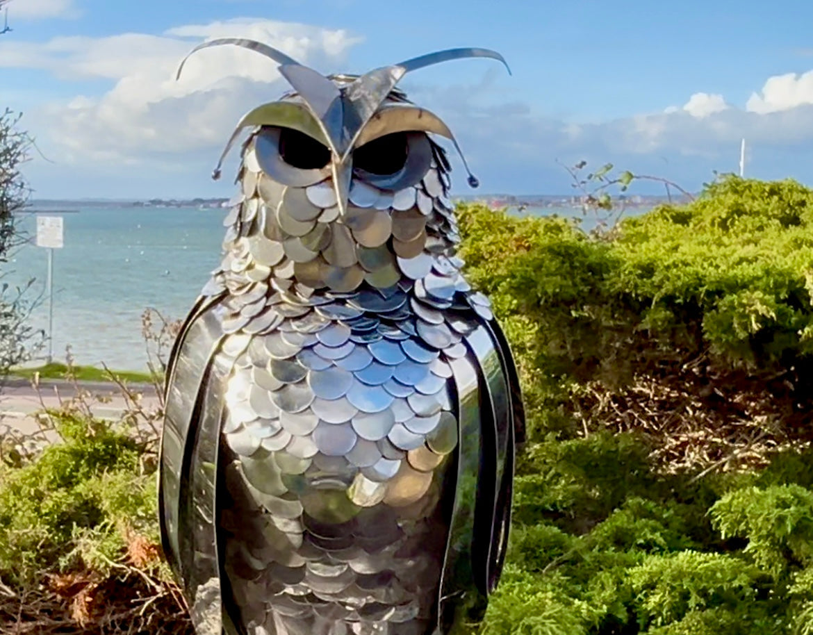 Stainless Steel Garden Owl Sculpture: Dorset Stone Base