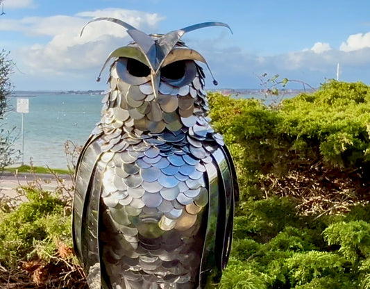 Stainless Steel Garden Owl Sculpture: Dorset Stone Base