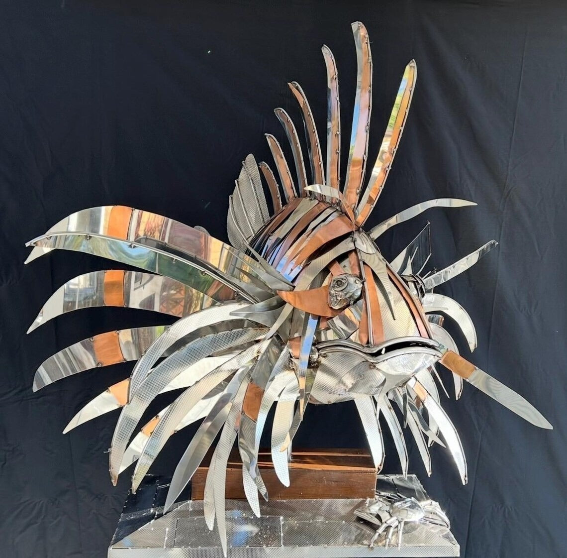 Stainless Steel and Copper Extra Large Lion Fish Sculpture With Cheeky Crab