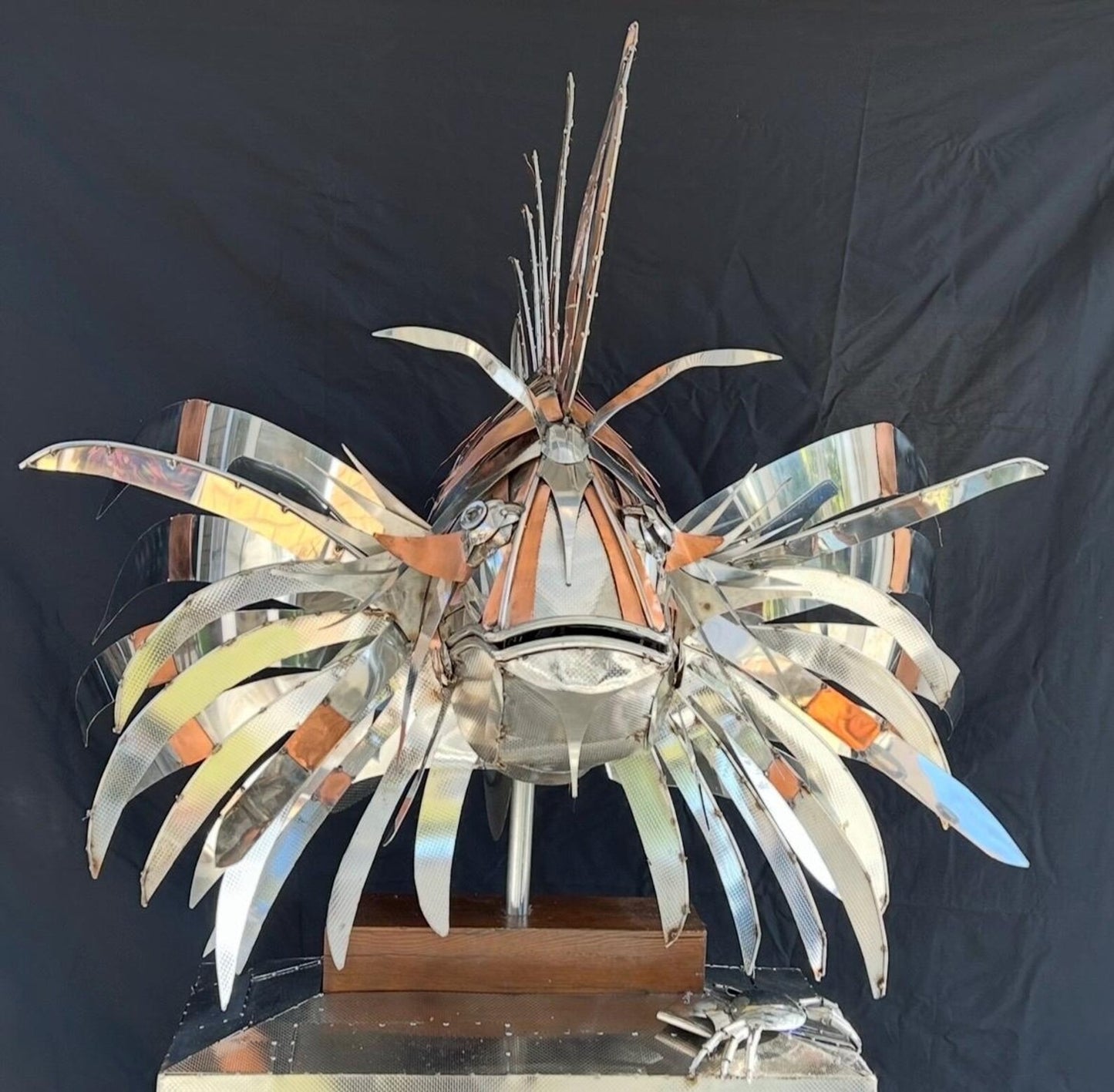 Stainless Steel and Copper Extra Large Lion Fish Sculpture With Cheeky Crab