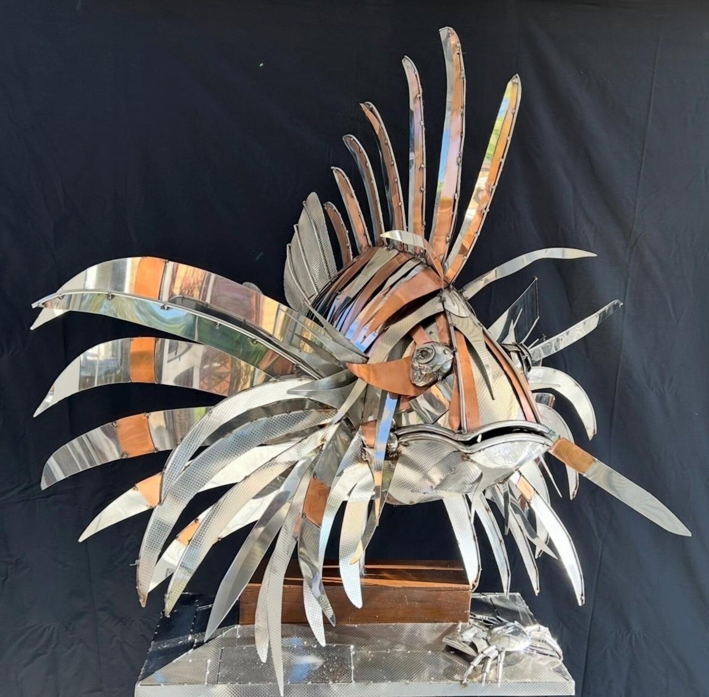 Stainless Steel and Copper Extra Large Lion Fish Sculpture With Cheeky Crab