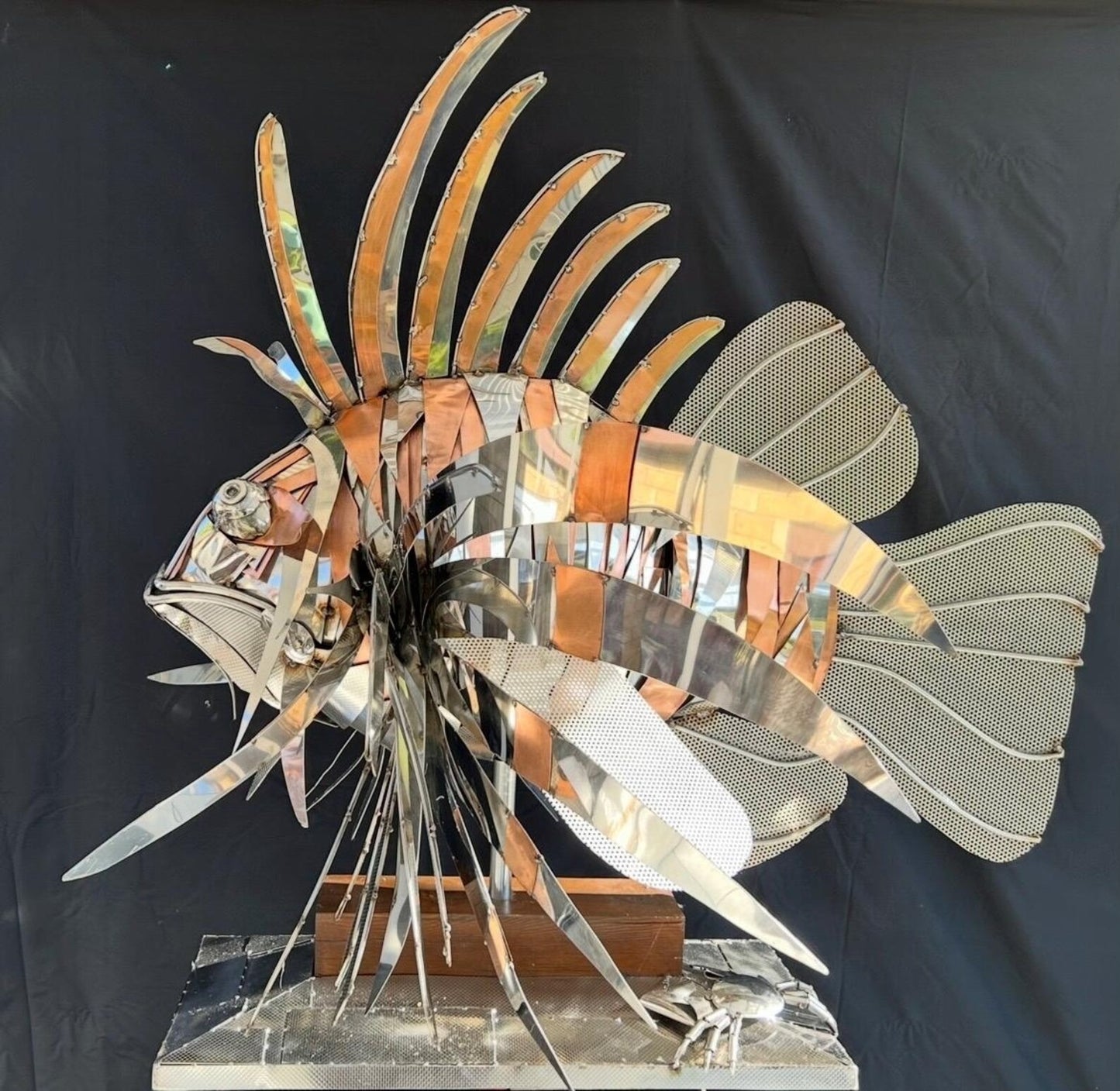 Stainless Steel and Copper Extra Large Lion Fish Sculpture With Cheeky Crab