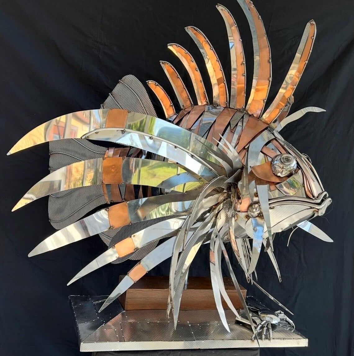 Stainless Steel and Copper Extra Large Lion Fish Sculpture With Cheeky Crab