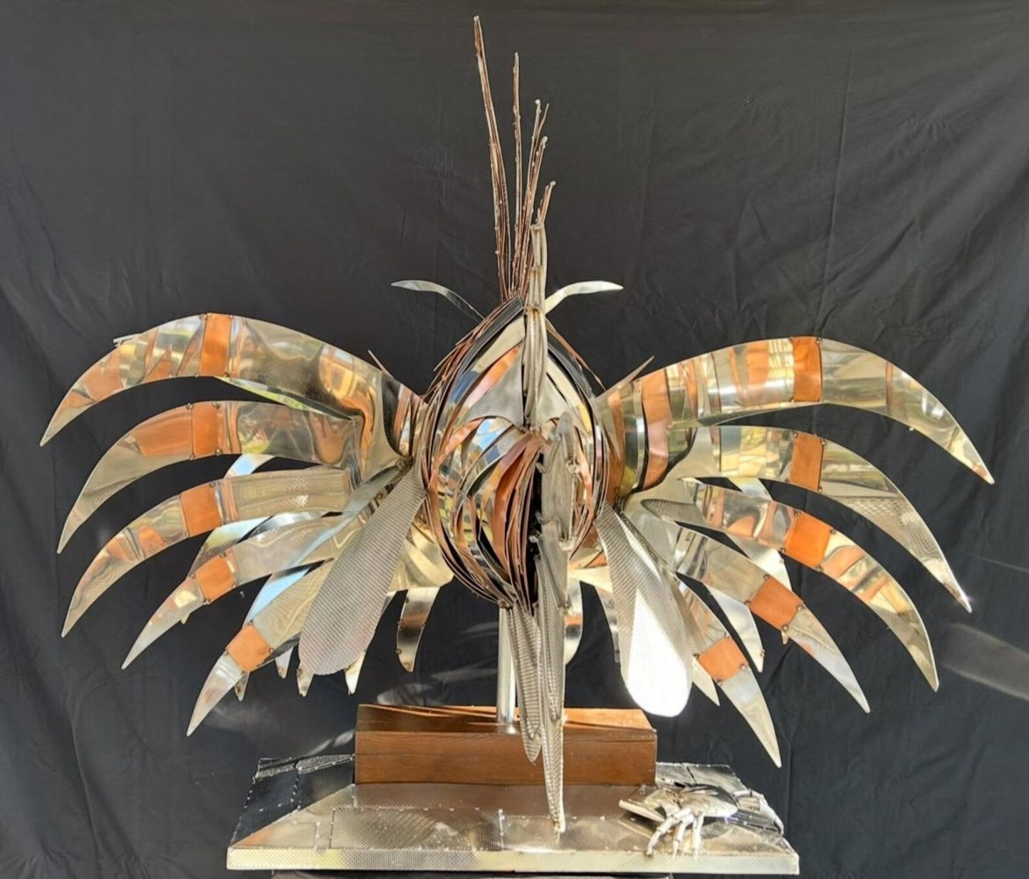 Stainless Steel and Copper Extra Large Lion Fish Sculpture With Cheeky Crab