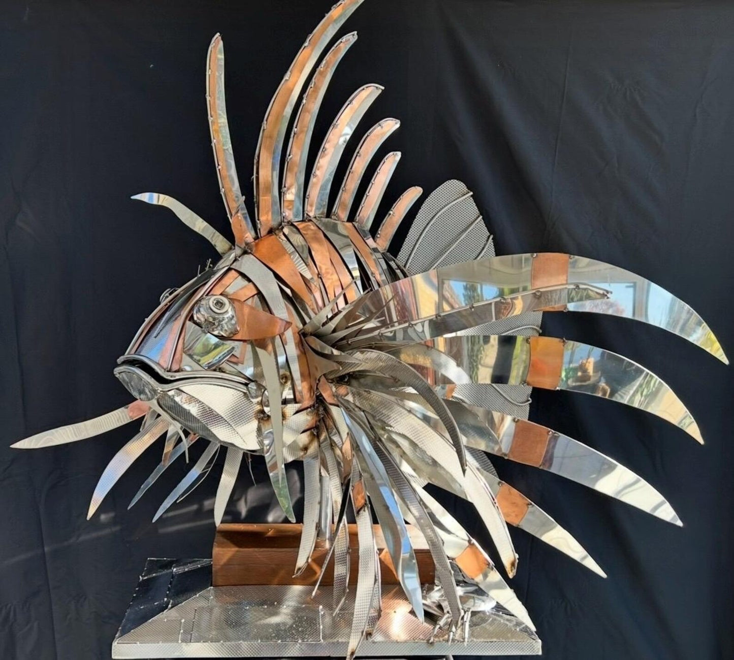 Stainless Steel and Copper Extra Large Lion Fish Sculpture With Cheeky Crab