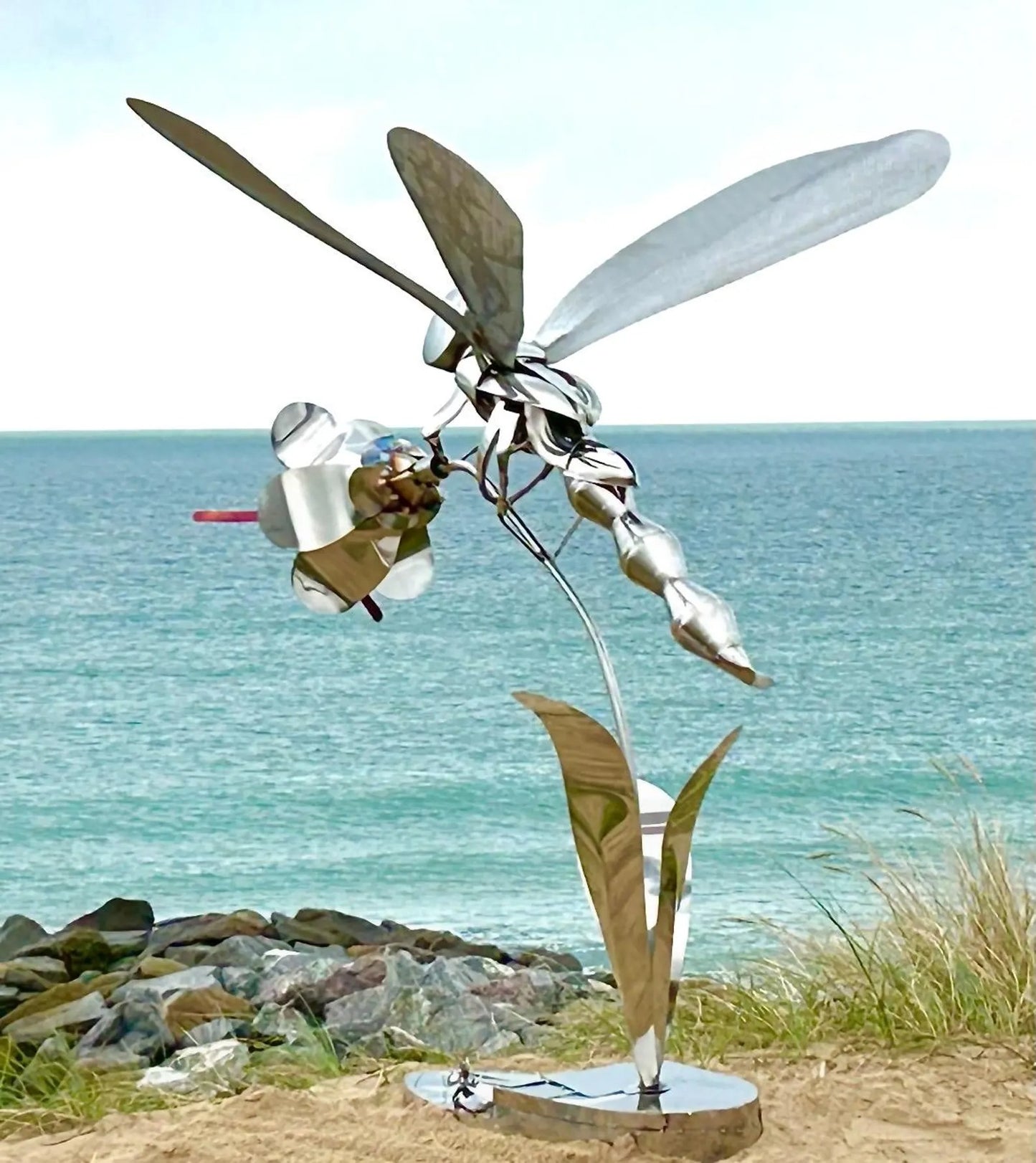 Handcrafted Stainless Steel Dragonfly Sculpture: Modern Garden Art