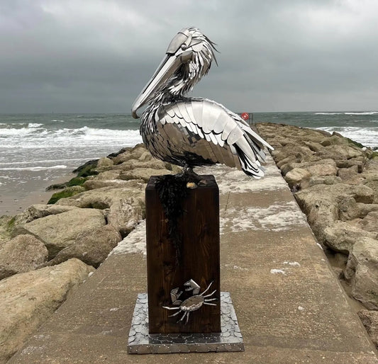 Large-Scale Handmade Stainless Steel Pelican Sculpture on Wooden Plinth