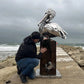 Large-Scale Handmade Stainless Steel Pelican Sculpture on Wooden Plinth