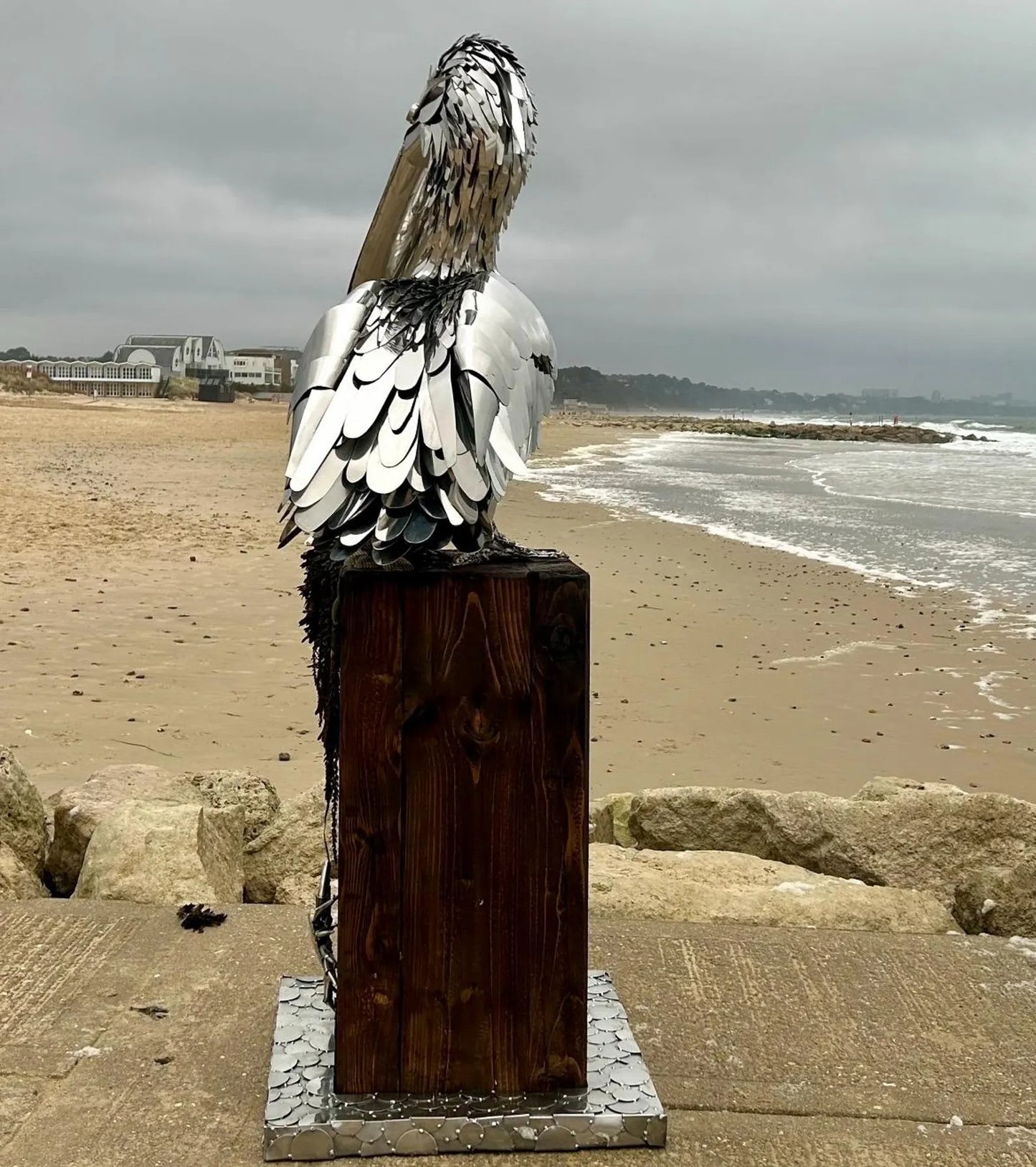Large-Scale Handmade Stainless Steel Pelican Sculpture on Wooden Plinth