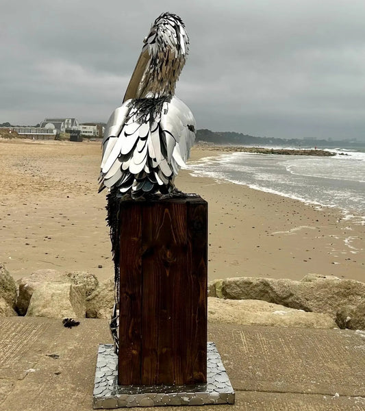Large-Scale Handmade Stainless Steel Pelican Sculpture on Wooden Plinth