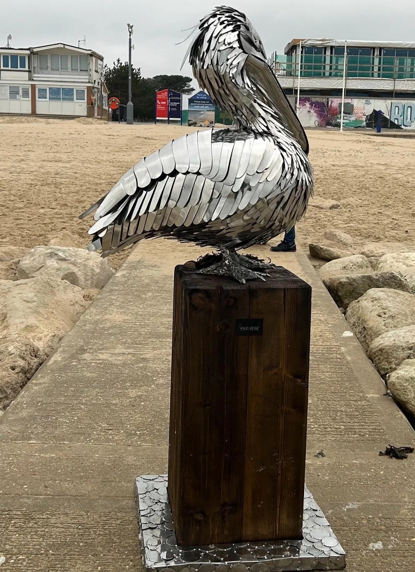 Large-Scale Handmade Stainless Steel Pelican Sculpture on Wooden Plinth