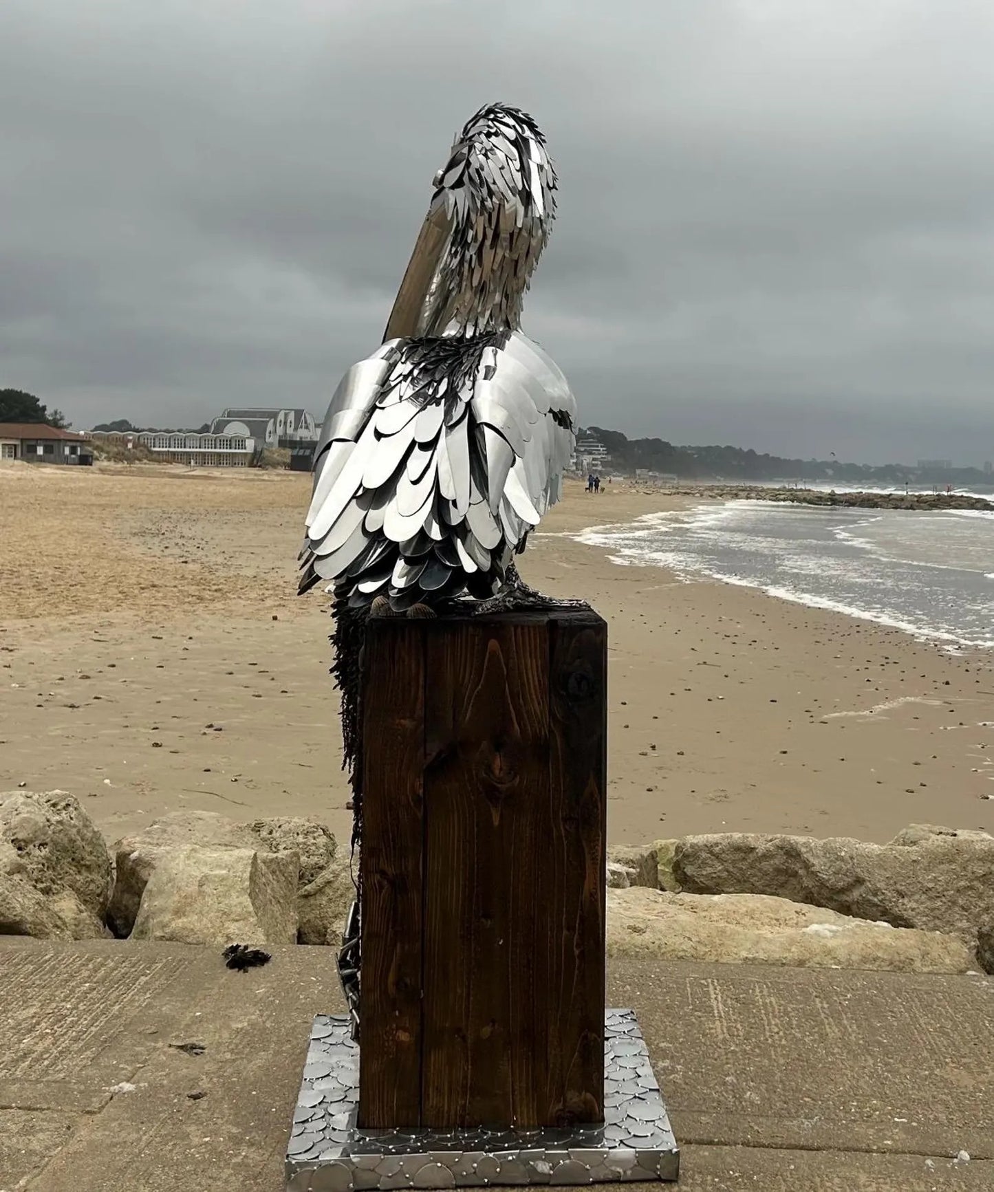 Large-Scale Handmade Stainless Steel Pelican Sculpture on Wooden Plinth