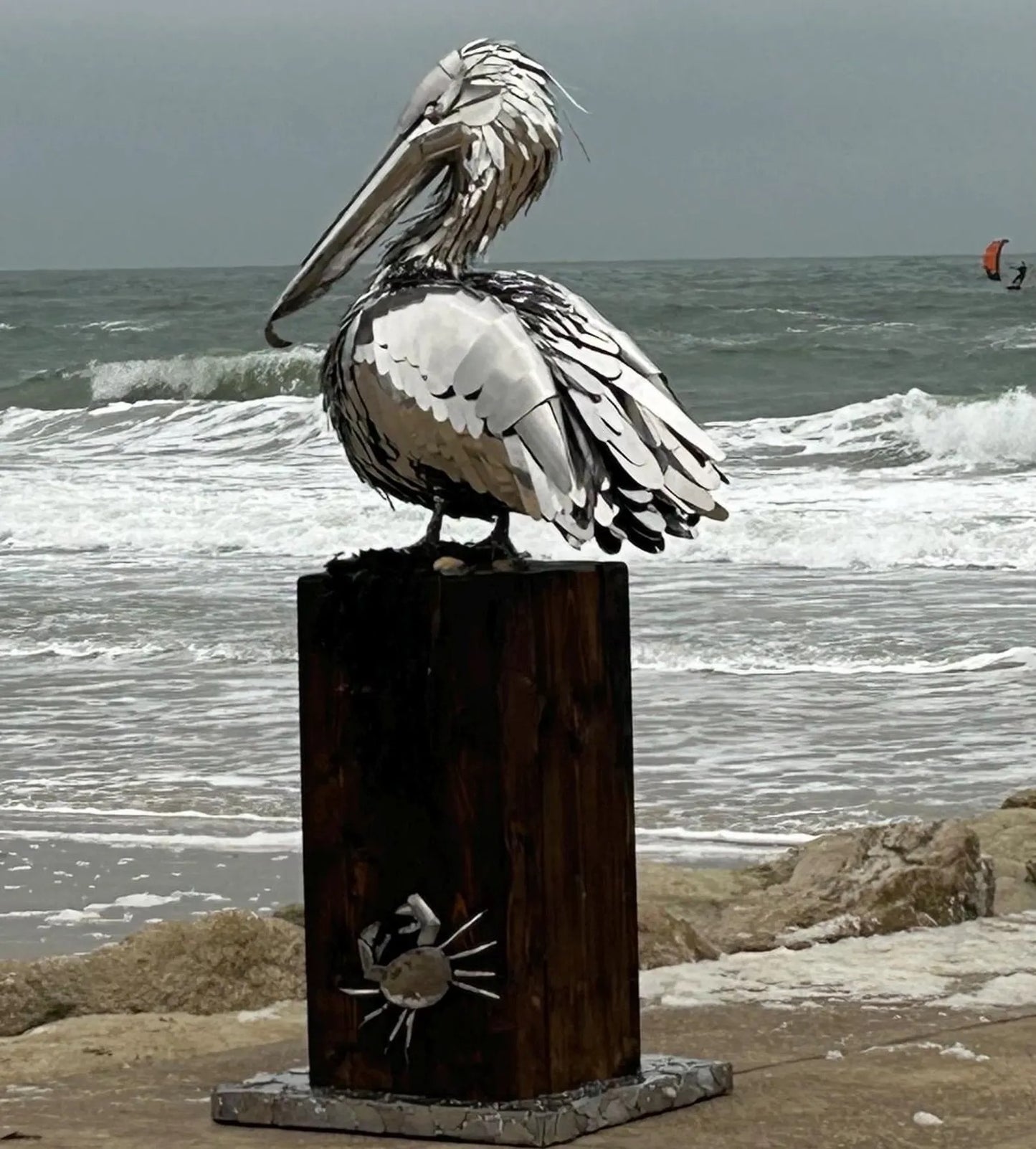 Large-Scale Handmade Stainless Steel Pelican Sculpture on Wooden Plinth