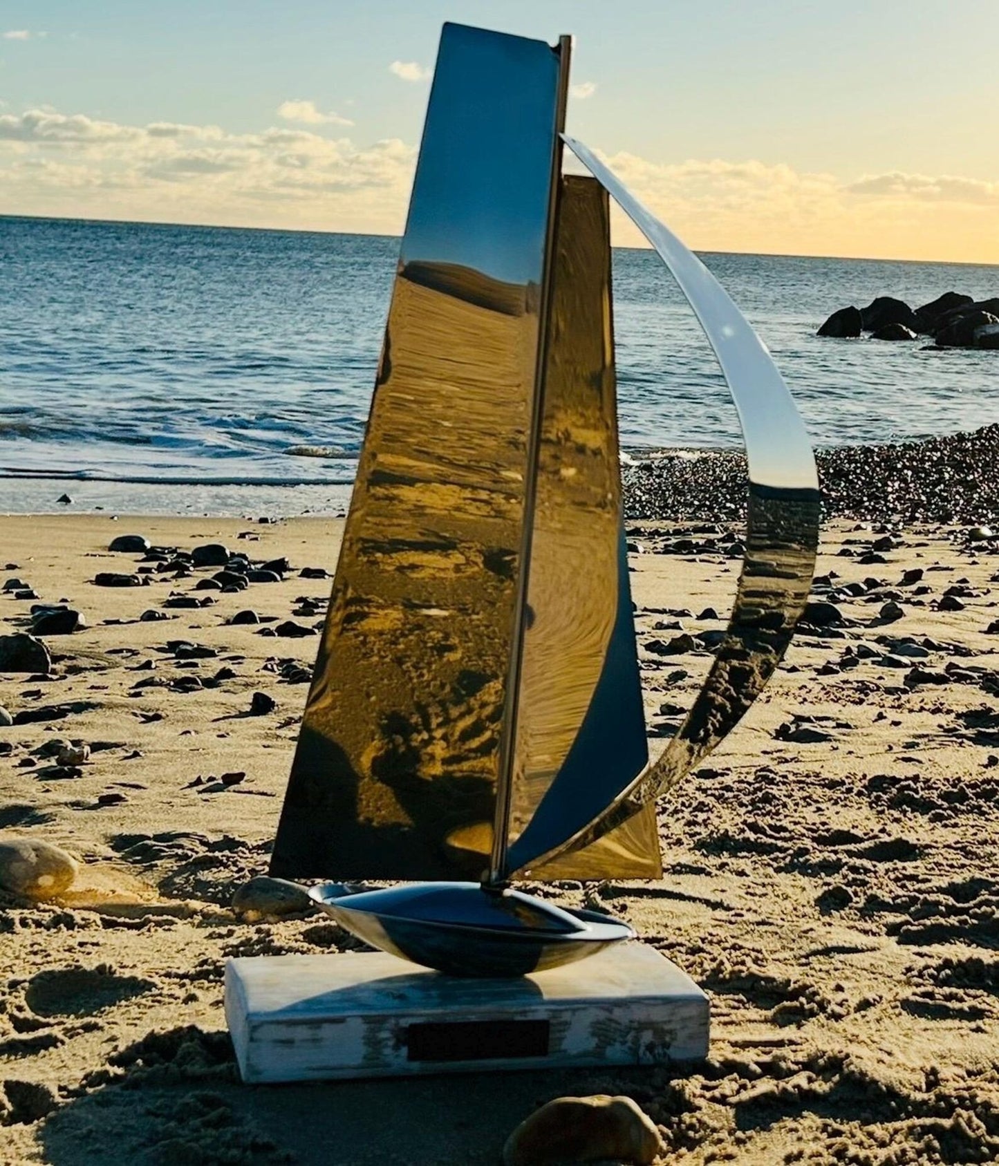 Metal Sailboat Sculpture | Handmade Stainless Steel & Driftwood Art