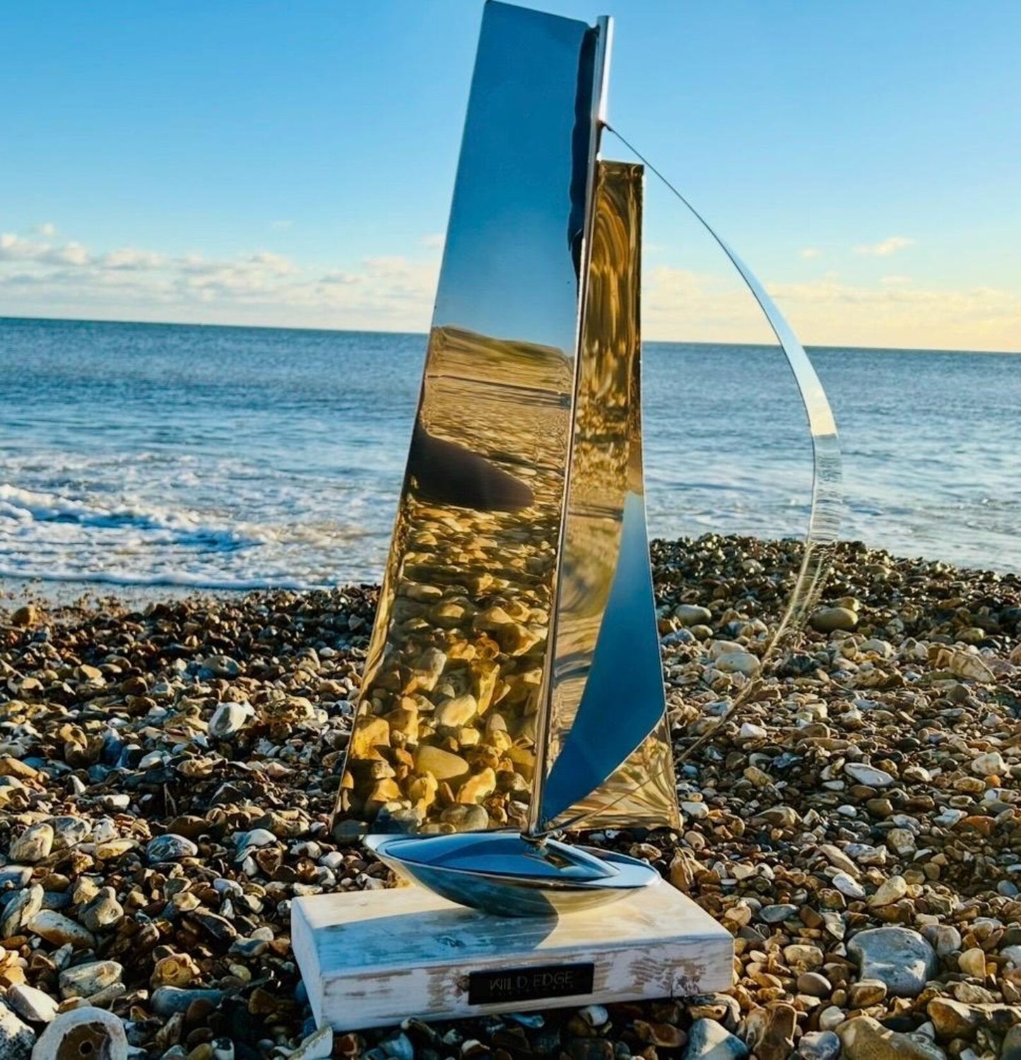 Metal Sailboat Sculpture | Handmade Stainless Steel & Driftwood Art
