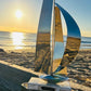 Metal Sailboat Sculpture | Handmade Stainless Steel & Driftwood Art