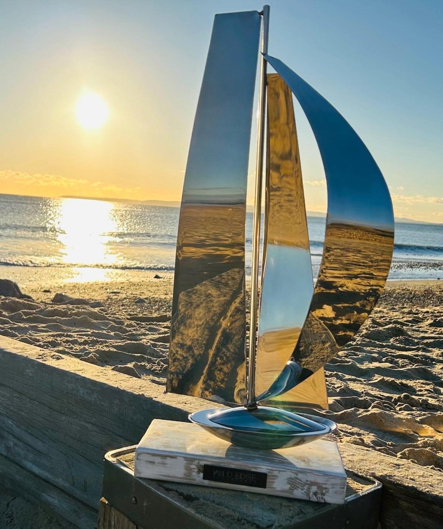 Metal Sailboat Sculpture | Handmade Stainless Steel & Driftwood Art