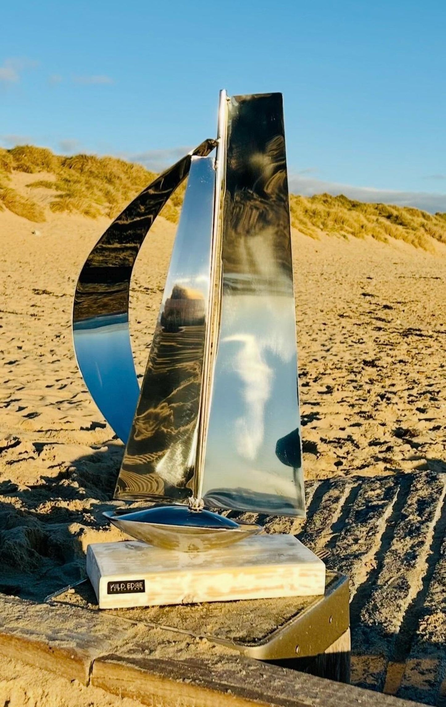 Metal Sailboat Sculpture | Handmade Stainless Steel & Driftwood Art