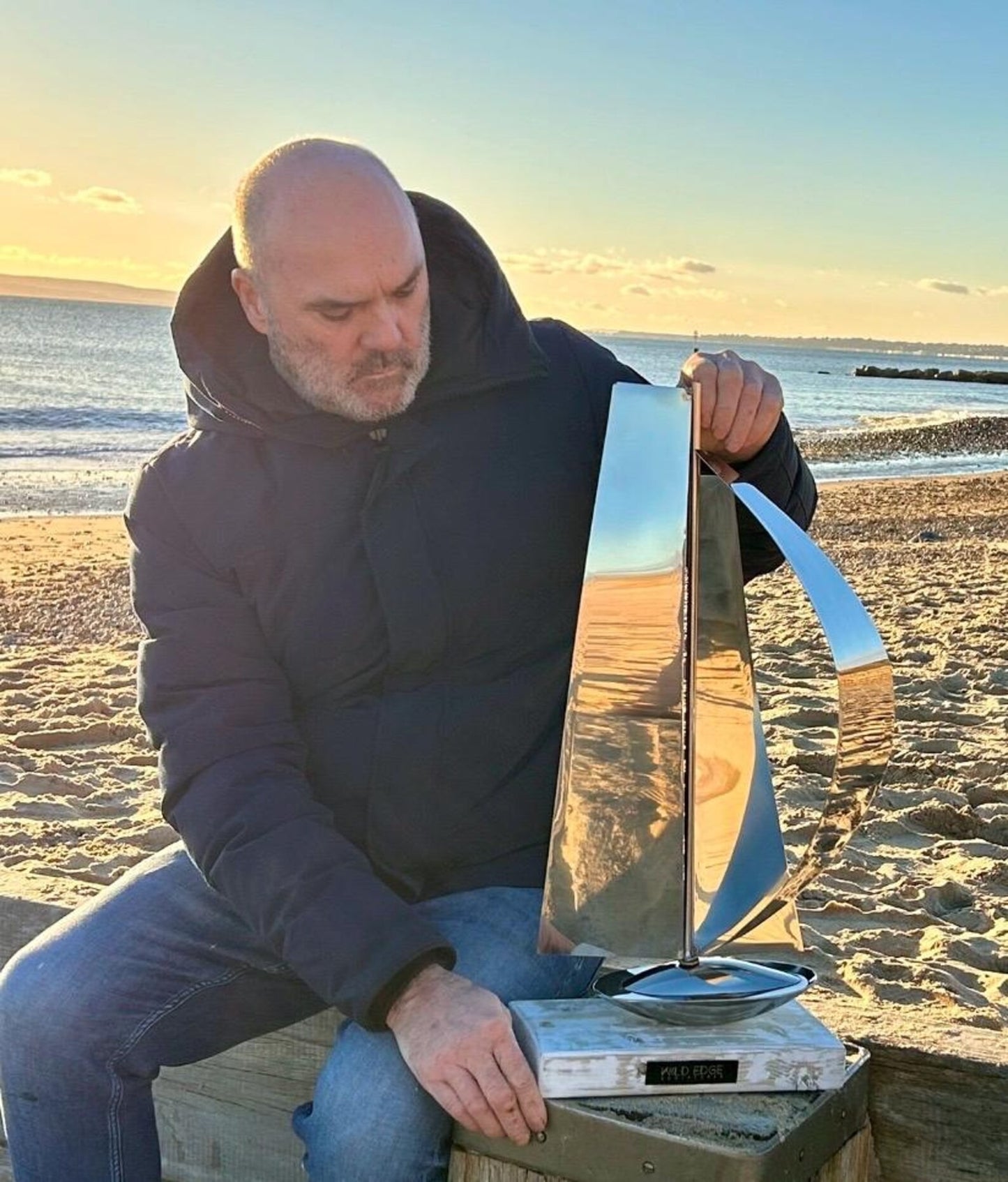 Metal Sailboat Sculpture | Handmade Stainless Steel & Driftwood Art